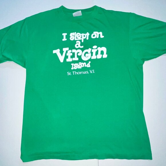 I Slept on a Virgin Island XL Mens Green 90s Vintage Muscle Fit T-shirt VTG - Picture 1 of 3